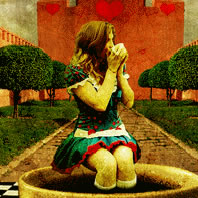 Alice in Wonderland drinking tea in the royal courtyard