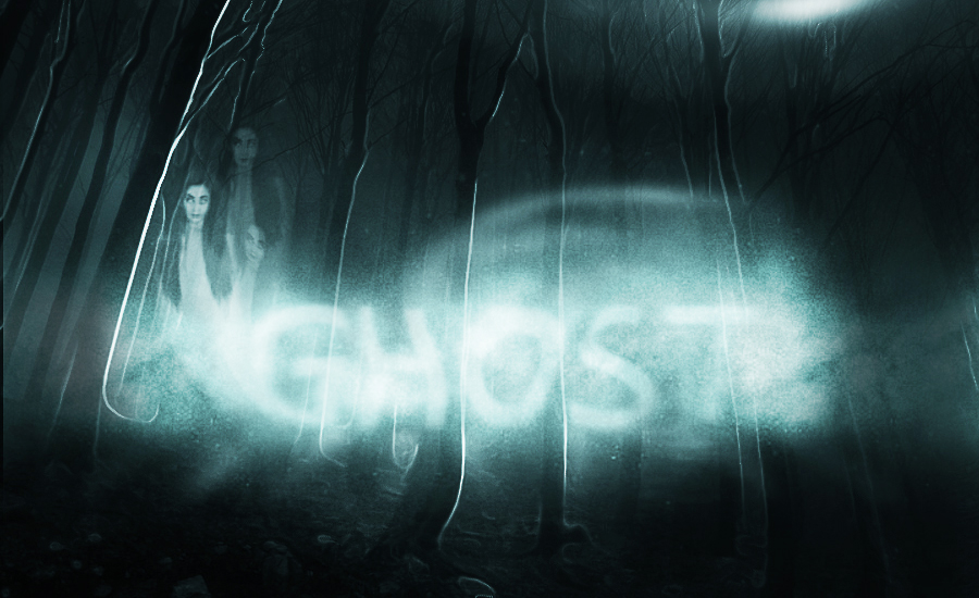 Photoshop tutorial result, photo manipulation with the ghost of a girl on a forrest background with enhanced lighting.
