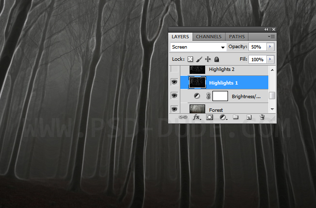 Blend trees and spooky tree contours by using Screen Photoshop blending mode.