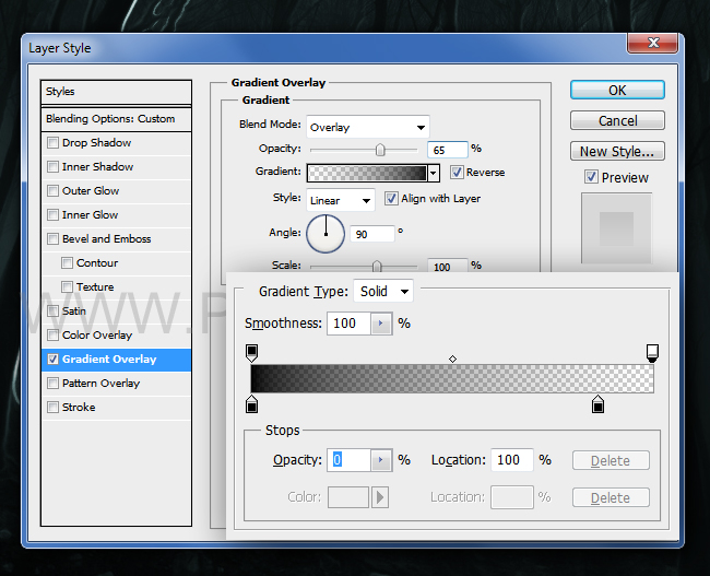 Gradient overlay settings for the Photoshop layer style