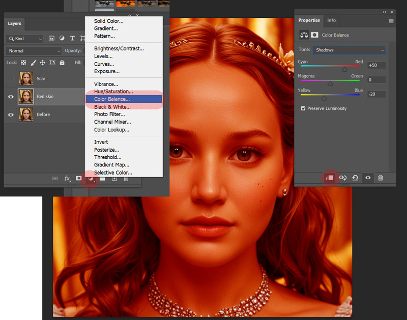 Add a scar in Photoshop - Red skin color balance