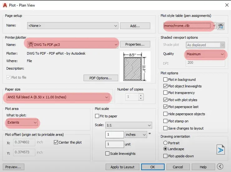 DWG to PDF Settings