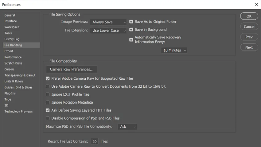 Photoshop File Handling Settings