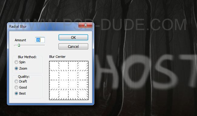 Radial blur applied on the spooky ghost text effect